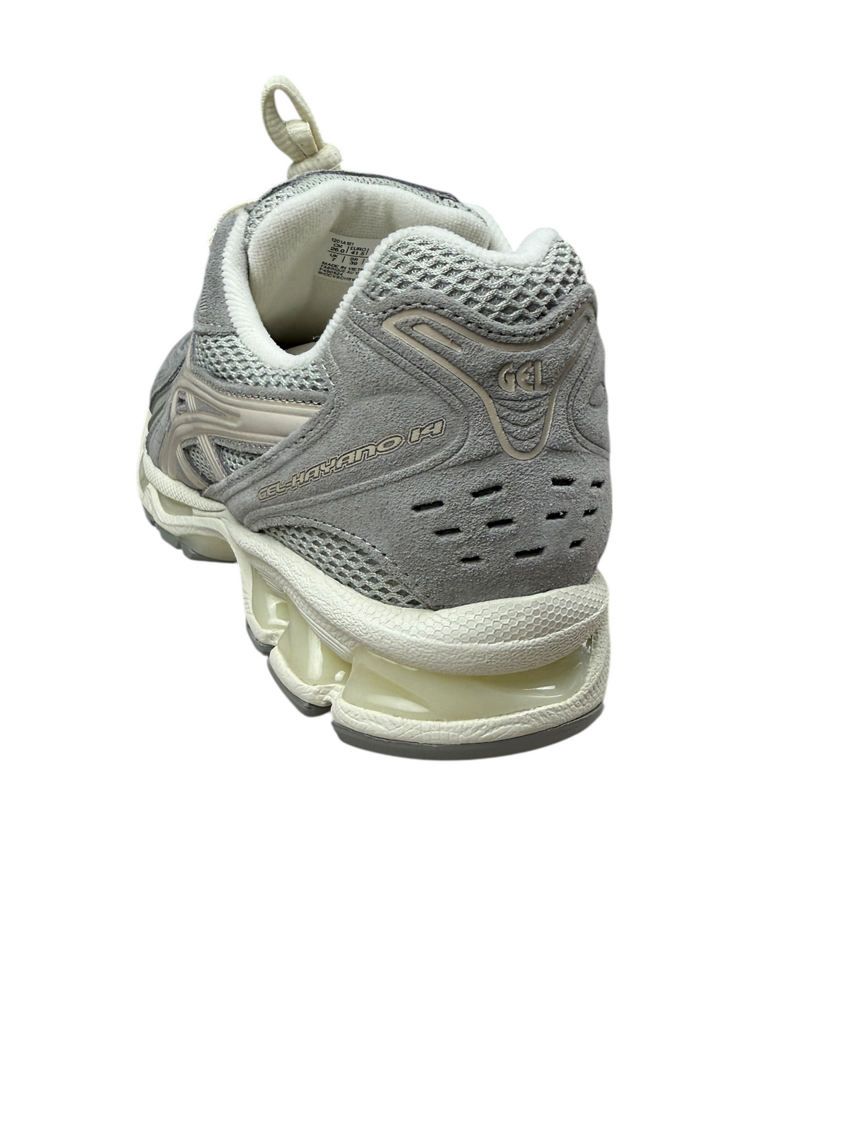 Sneakers Asics Gel-Kayano 14 grises, pointure 41 1/2 — logo et étiquette