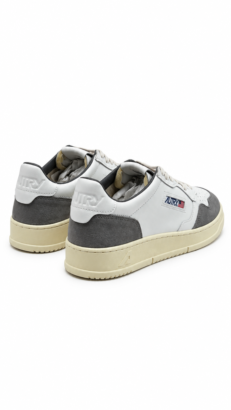 Autry Medalist Low white leather and cement suede sneakers, white and grey, material and finishing detail — view 3