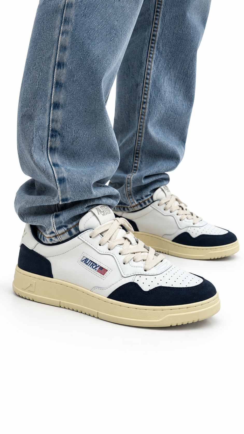 Autry Medalist Low white leather and denim suede sneakers, white and blue, material and finishing detail — view 4
