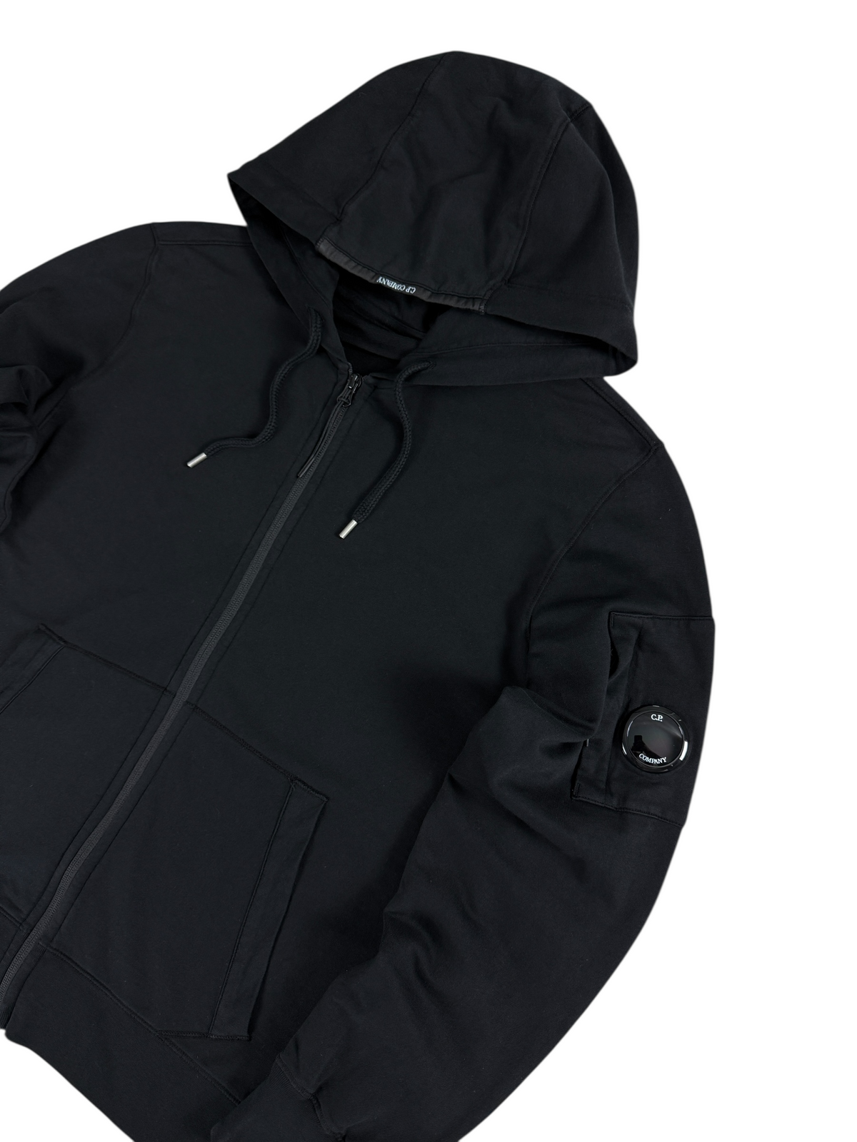 C.P Company Light Fleece zip hoodie, black, material and finishing detail — view 3