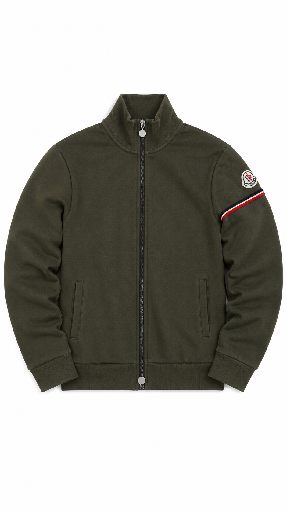 Cardigan Moncler kaki à fermeture éclair, vue de face, col montant, deux poches et écusson Moncler sur la manche droite