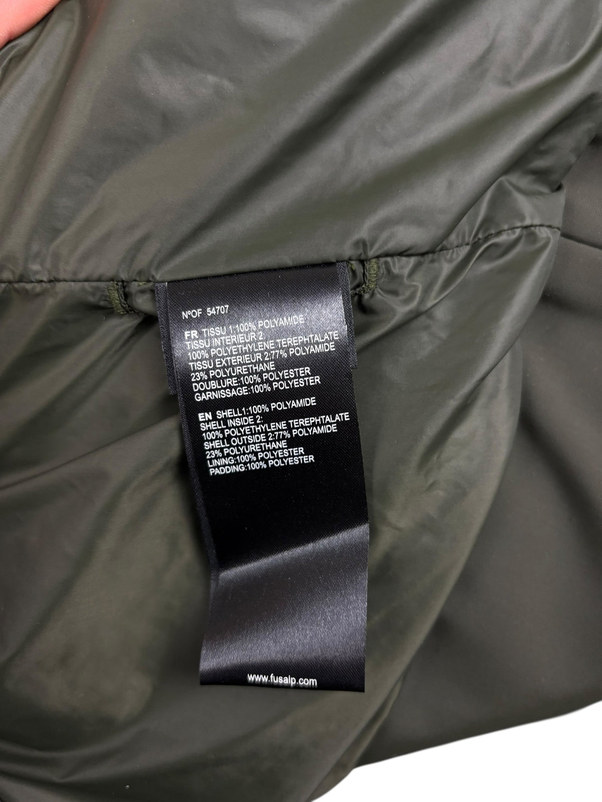 Daunenjacke Fusalp in Khaki, Größe 52 - Logo und Etikett