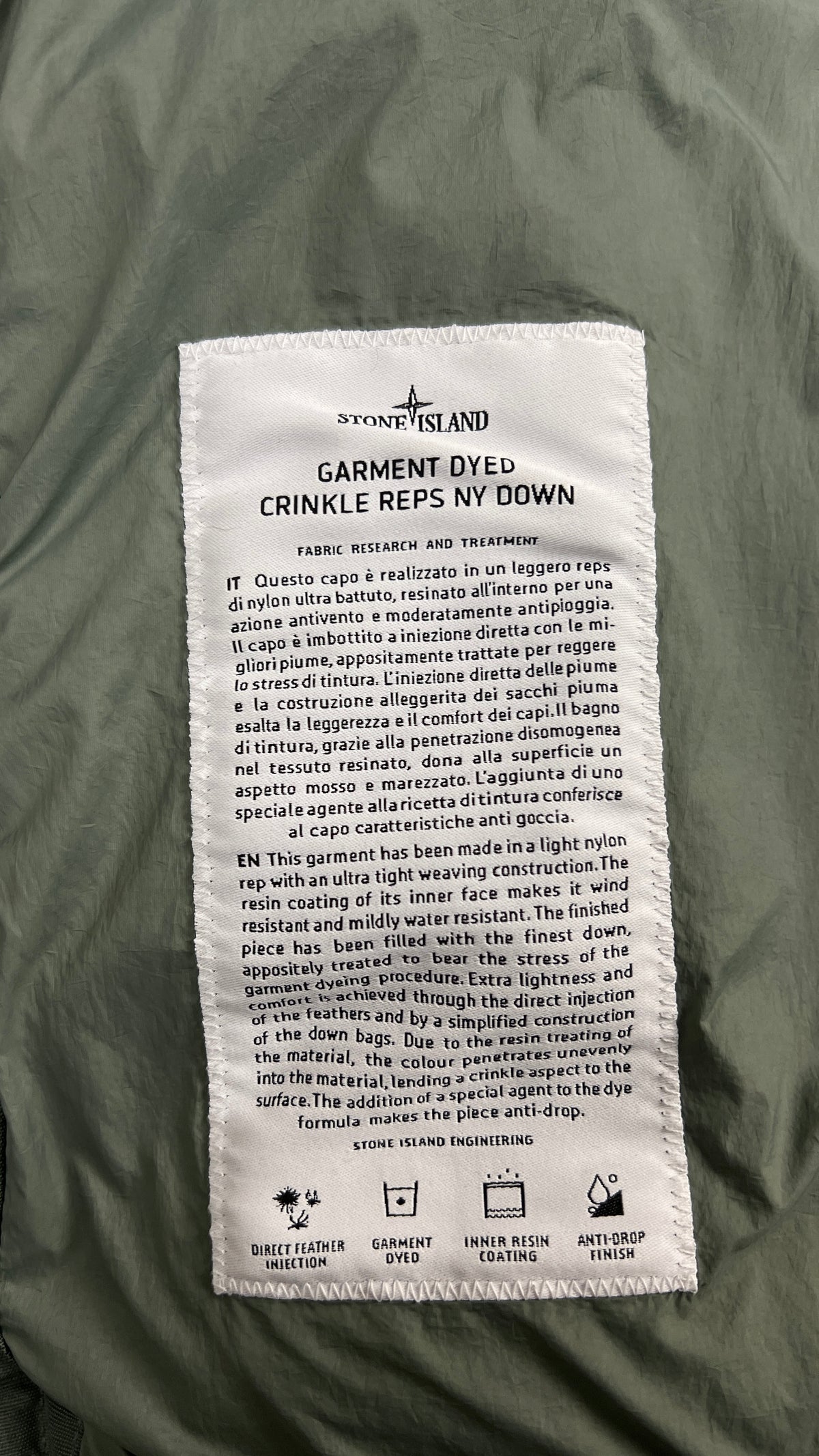 Stone Island Garment Dyed Crinkle Reps NY Down jacket, green, size S, labels and finishing detail — view 6