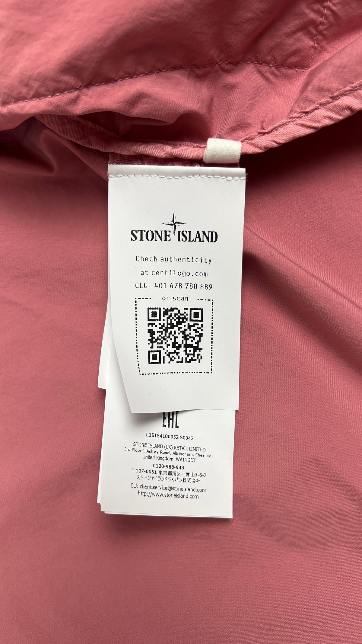 Stone Island Light Compact Touch Poly-TC Oleander hooded jacket, pink, labels and finishing detail — view 4