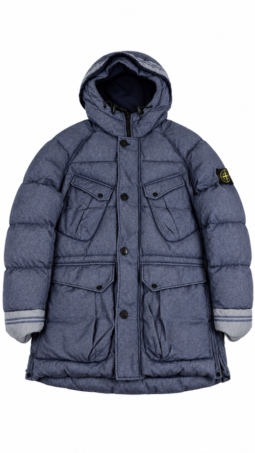Doudoune Longue à Capuche Stone Island Mix Fibre Watro Tela Down - Bleu - Taille L