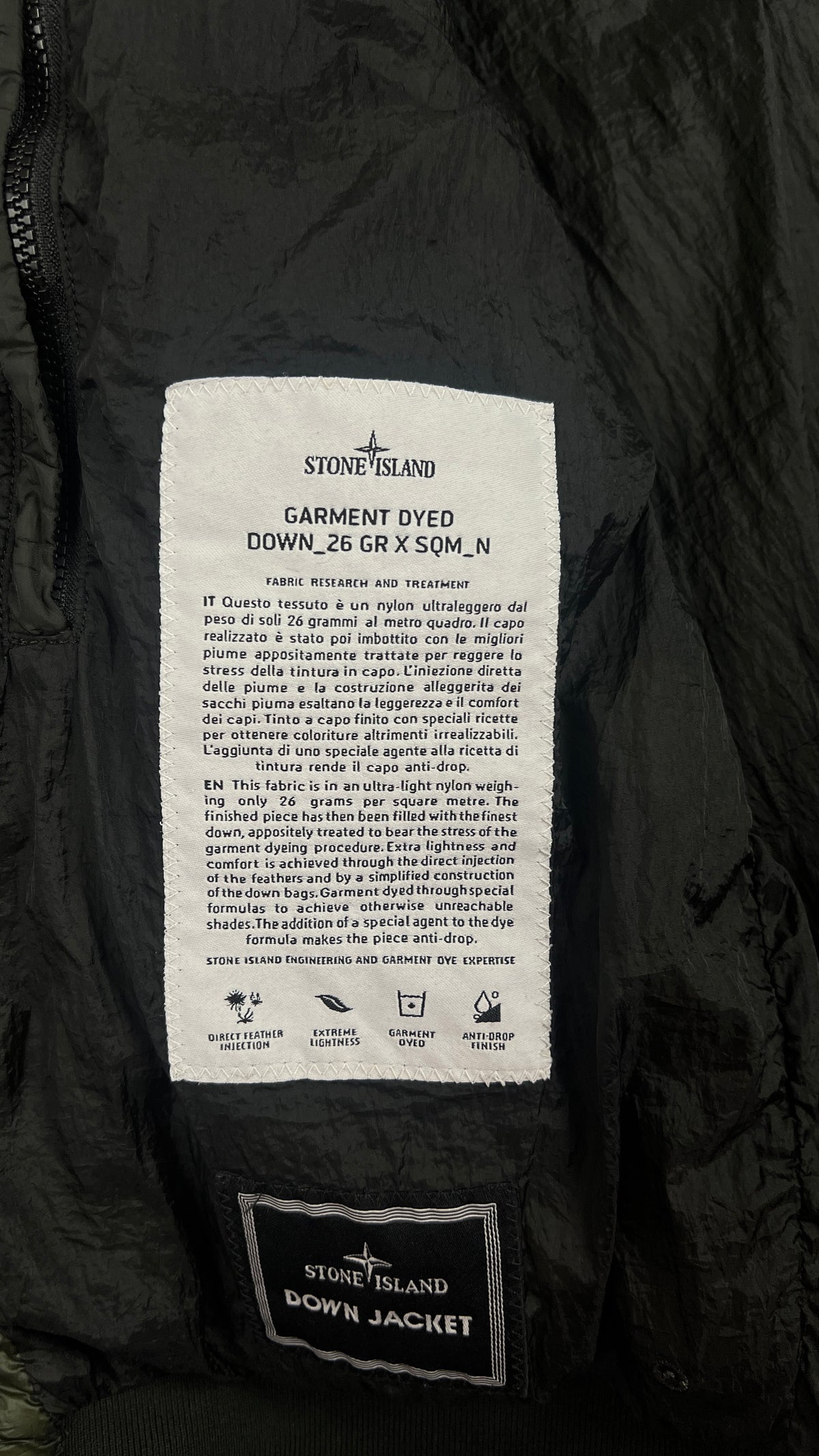 Doudoune Stone Island Garment Dyed Down 26 GR X SQM N, Kaki, Taille L — photographie complémentaire 5