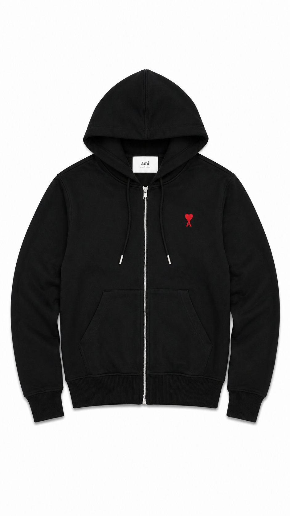 Sweat à capuche zippé Ami de Coeur AMI Paris noir neuf, broderie cœur rouge sur la poitrine — vue 1
