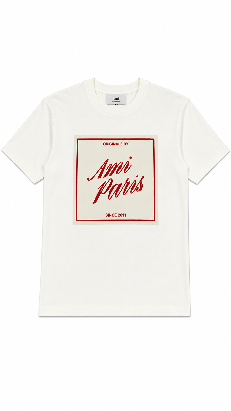 T-shirt Heritage Print AMI Paris blanc crème neuf, imprimé signature sur le devant — vue 1