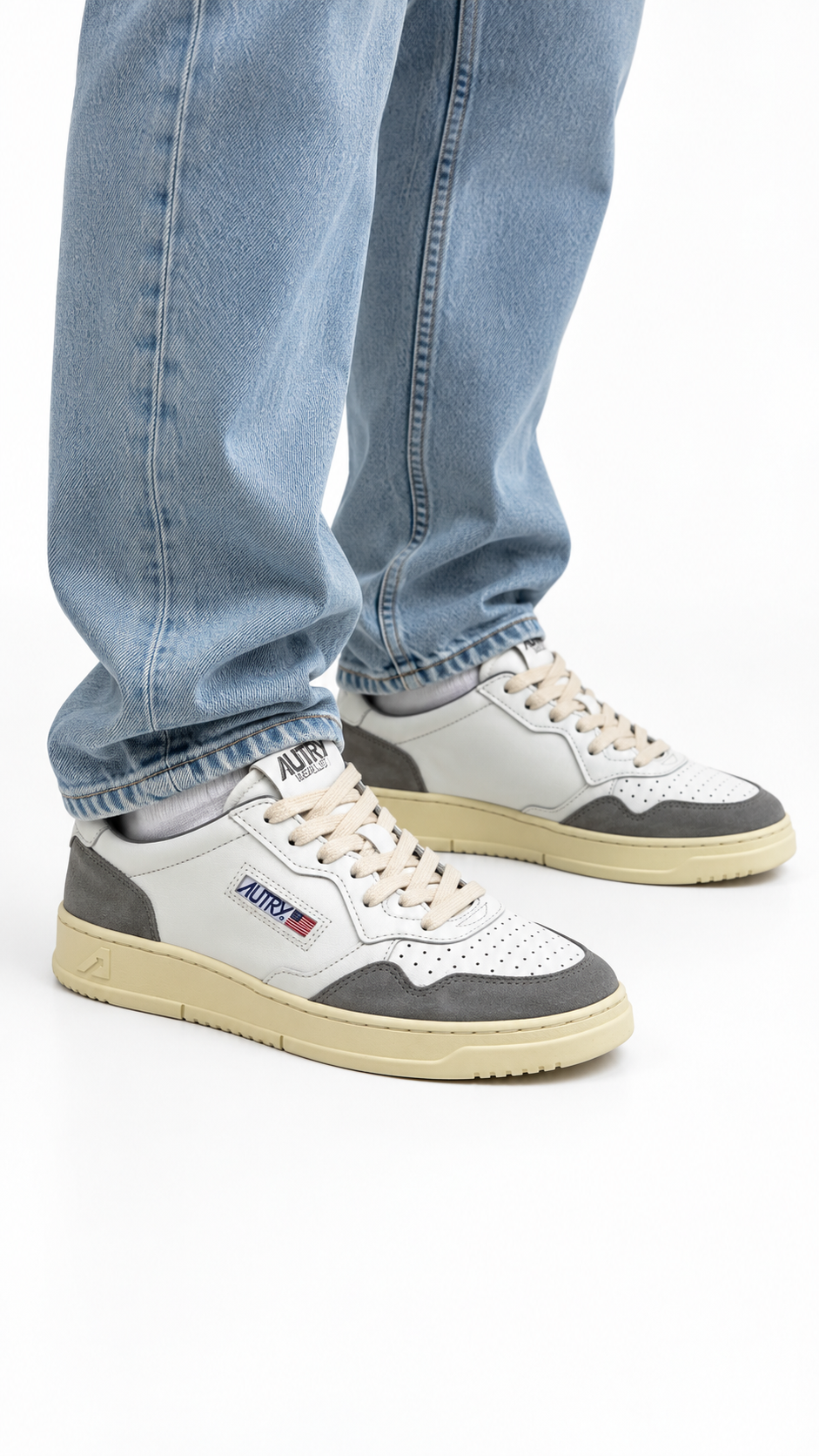 Autry Medalist Low white leather and cement suede sneakers, white and grey, material and finishing detail — view 4