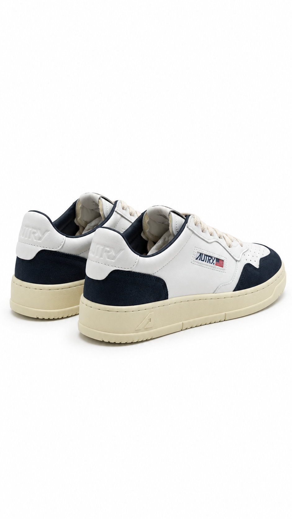 Autry Medalist Low white leather and denim suede sneakers, white and blue, material and finishing detail — view 3