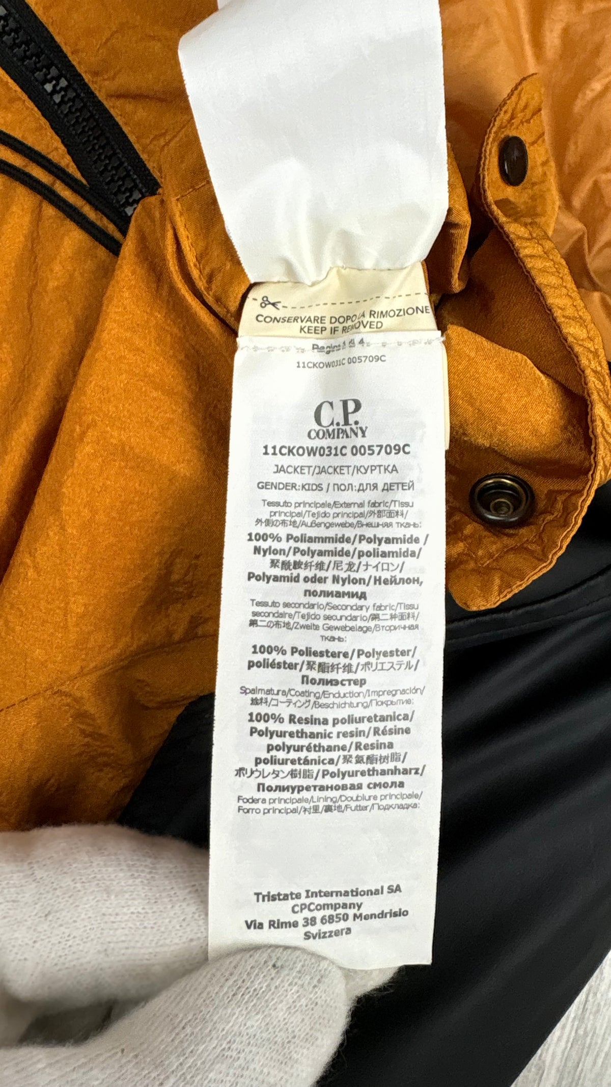 C.P Company Undersixteen Explorer Goggle jacket, camel and black, labels and finishing detail — view 7