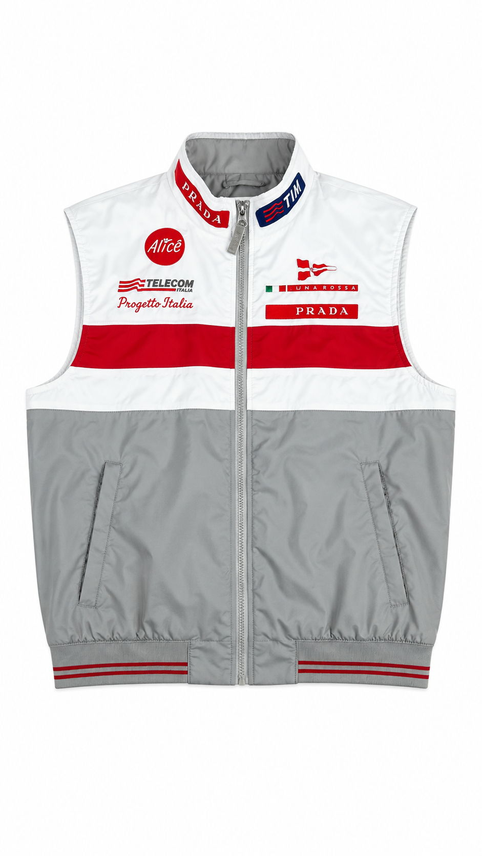 Gilet Prada Luna Rossa Vintage gris / blanc, taille 52 – vue de face – NB08 Shop