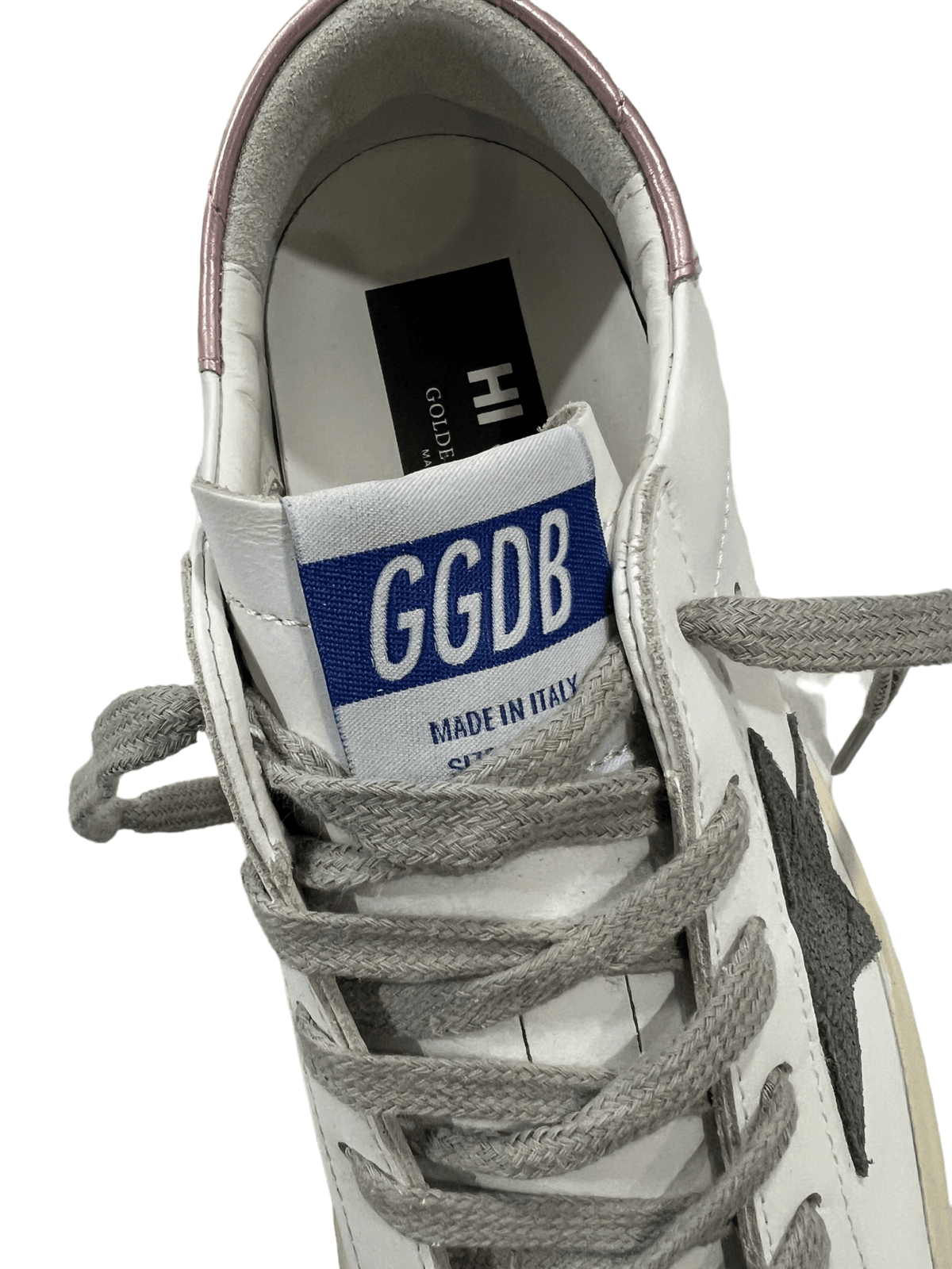 Sneakers Golden Goose Hi Star Classic With Spur bianche, dettaglio logo ed etichetta — vista 3