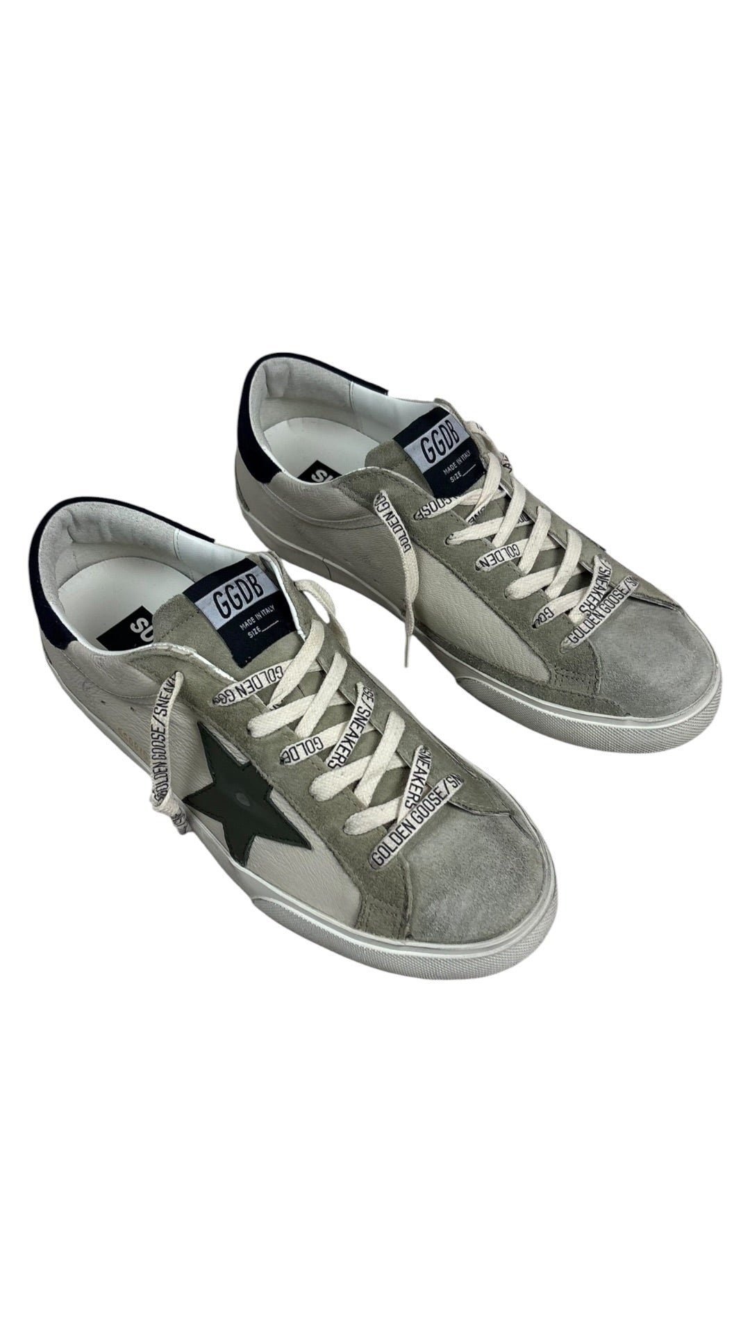 Golden Goose Super-Star nappa and suede sneakers, cream, grey and olive, new - view 3/4