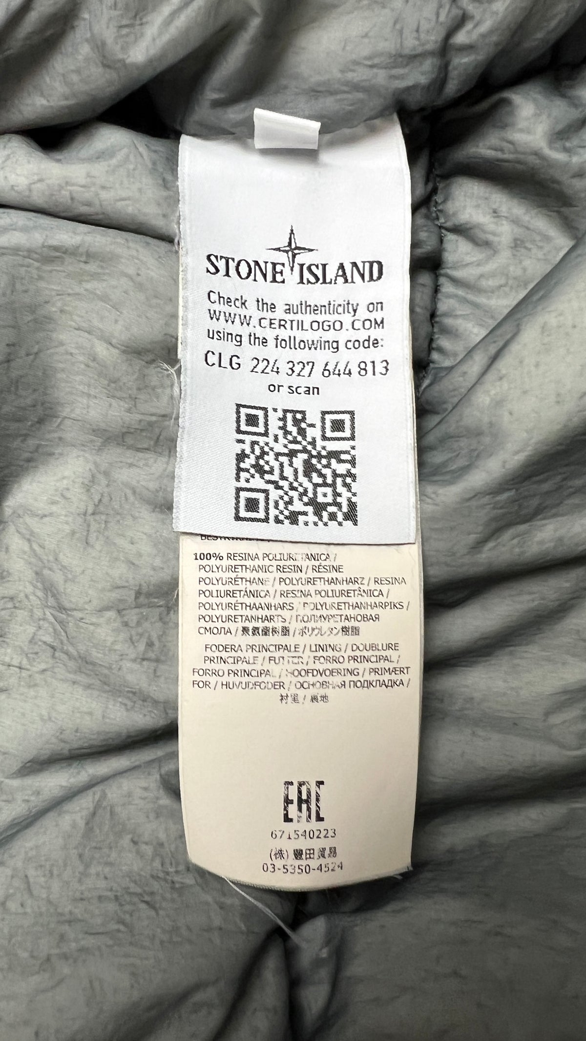Doudoune Stone Island Crinkle Reps NY Down gris, détail étiquettes et finitions — vue 5