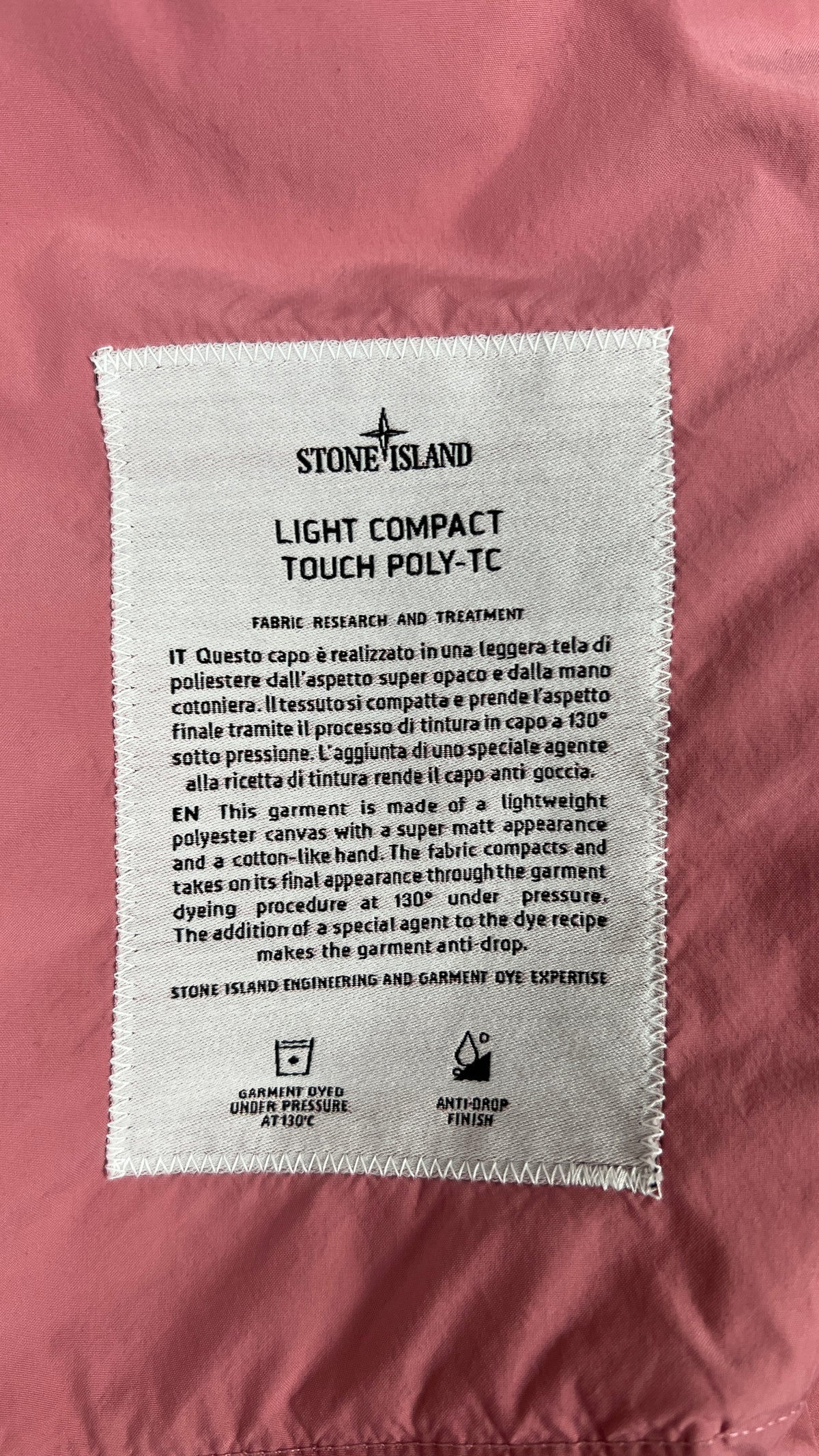 Stone Island Light Compact Touch Poly-TC Oleander hooded jacket, pink, labels and finishing detail — view 5