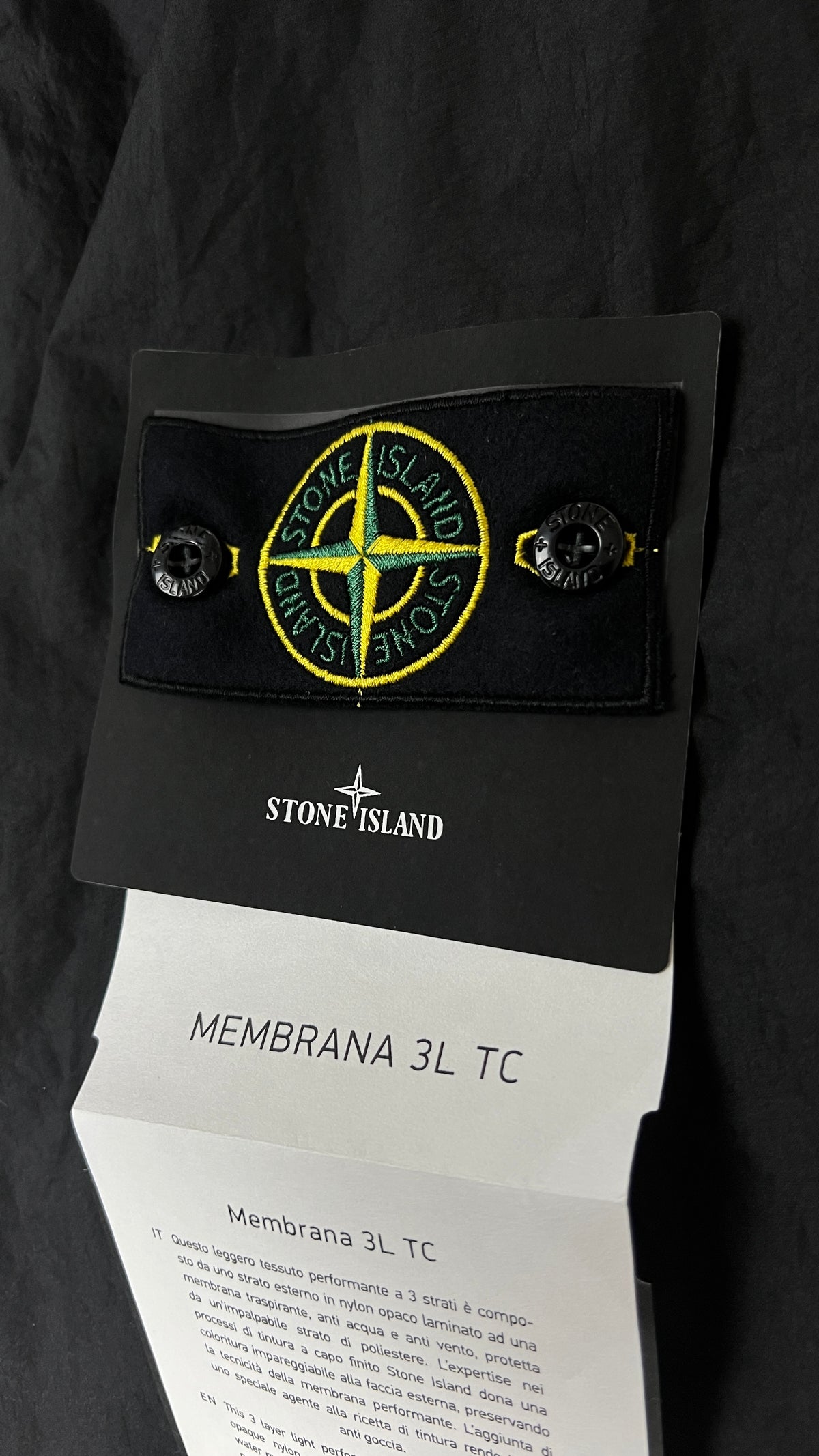 Veste à Capuche Stone Island Membrana 3L TC noir taille L, détail étiquettes et finitions — vue 3