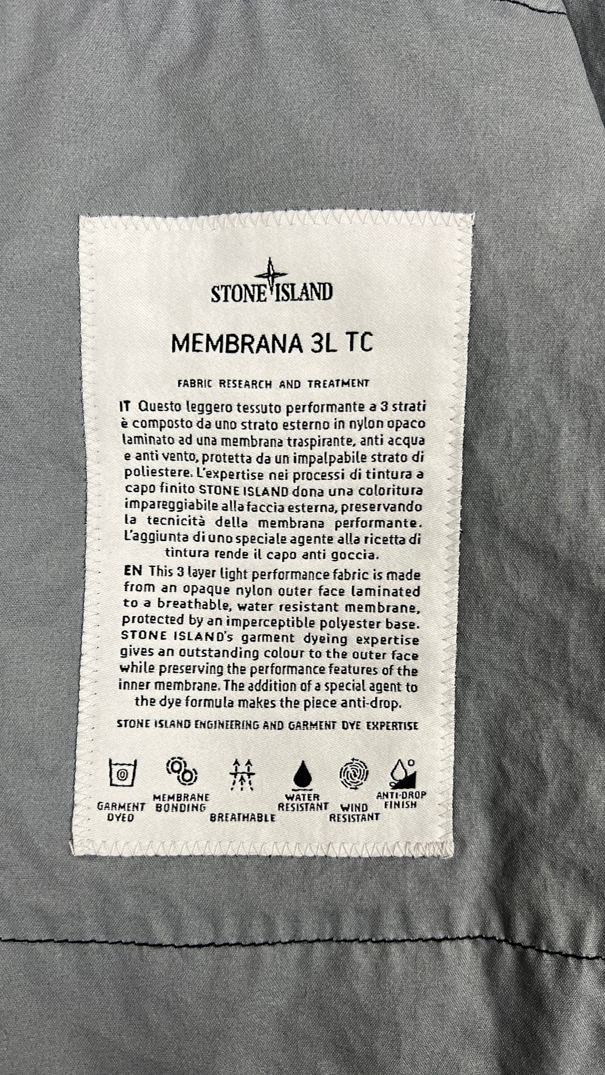 Veste à Capuche Stone Island Membrana 3L TC noir taille L, détail étiquettes et finitions — vue 5