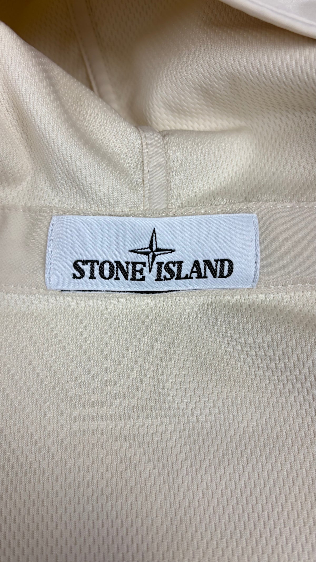Stone Island Light Soft Shell-R hooded jacket, cream, size S, labels and finishing detail — view 3