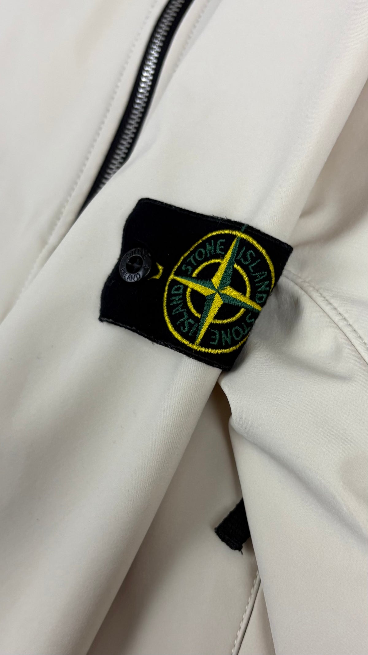 Stone Island Light Soft Shell-R hooded jacket, cream, size S, labels and finishing detail — view 4