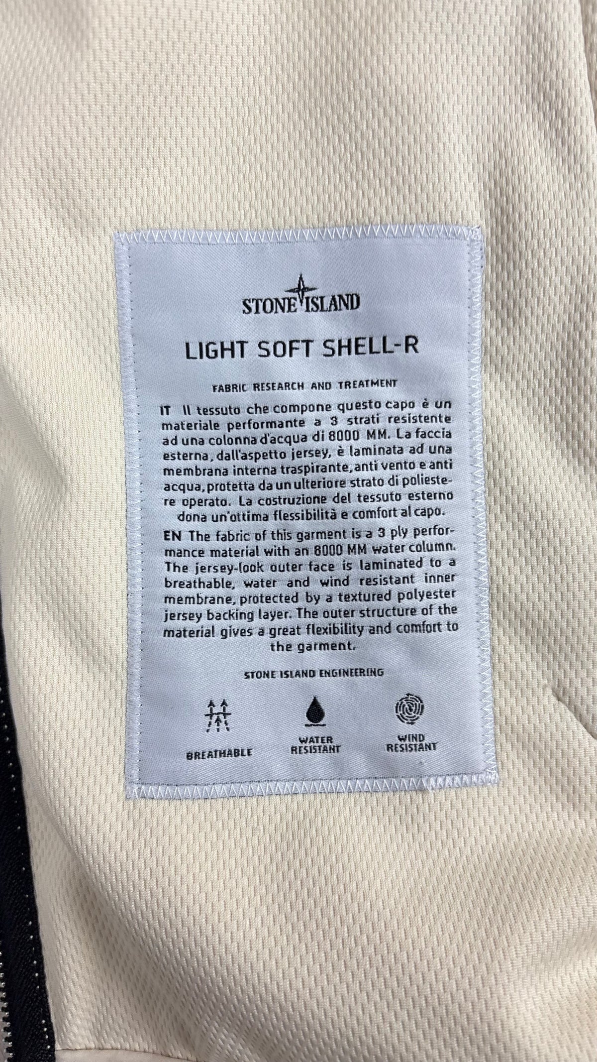 Stone Island Light Soft Shell-R hooded jacket, cream, size S, labels and finishing detail — view 5
