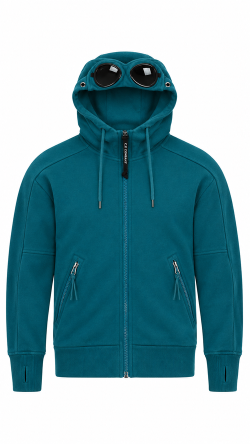 Sweat-shirt Hoodie Zippé C.P Company Goggle Diagonal Raised Fleece - Bleu Pétrole - Taille XS