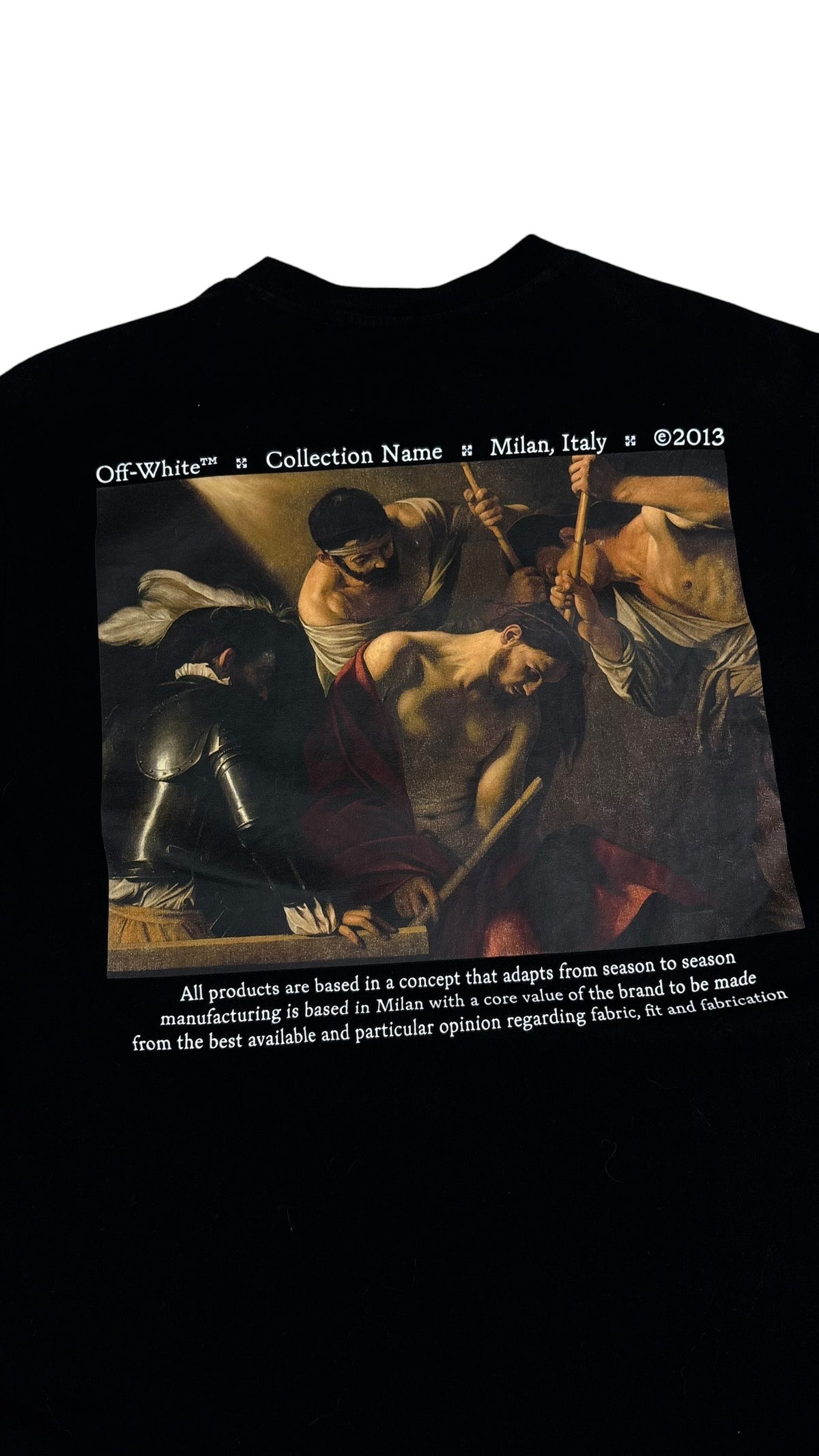 Dos du tee-shirt Off-White noir avec grand imprimé graphique inspiré d'une peinture et texte Off-White Milan